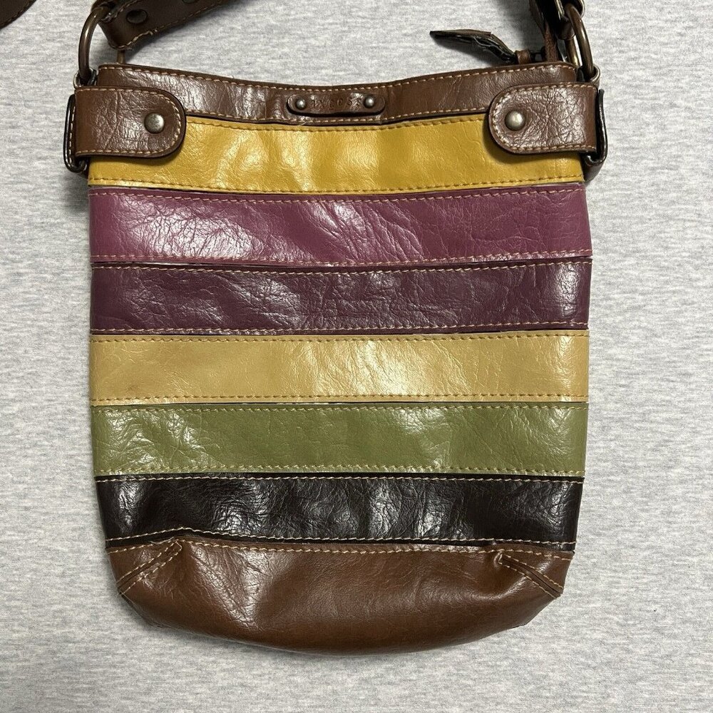 VTG Axcess Satchel Bag Rainbow Earth Tones Patchwork Boho PVC Crossbody Vegan - Picture 2 of 12